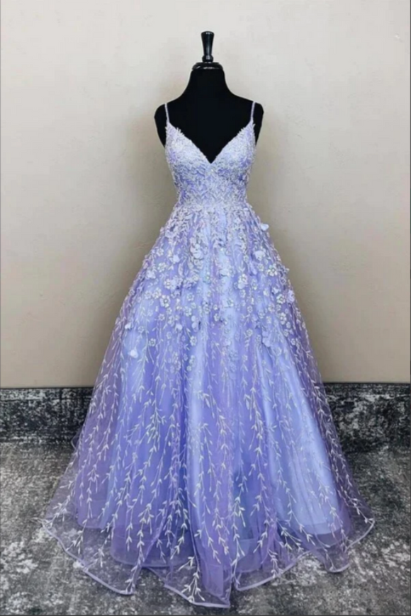 Purple Tulle A line Long Prom Dresses, Evening Dresses With Lace Appliques APP0690