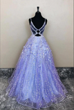 Purple Tulle A line Long Prom Dresses, Evening Dresses With Lace Appliques APP0690