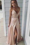 A Line Spaghetti Straps Pink Elastic Satin Prom Dress with Beading APP0691