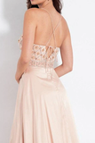 A Line Spaghetti Straps Pink Elastic Satin Prom Dress with Beading APP0691