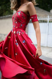 A line Long Prom Dress Burgundy Off the shoulder Satin Embroidery Chic Evening Dress APP0695