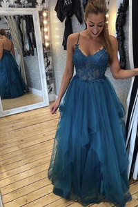 Teal Tulle Straps A Line Prom Dress With Lace Appliques APP0696
