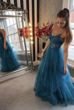 Teal Tulle Straps A Line Prom Dress With Lace Appliques APP0696