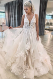 V Neckline Tired Tulle A line Lace Wedding Dress Floor Length APW0408