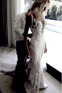 Luxurious Ivory Lace Open Back Mermaid V Neck Beach Wedding Dress APW0412