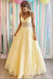 Yellow A Line Lace Appliques Spaghetti Straps Prom Dresses, Evening Gown APP0698
