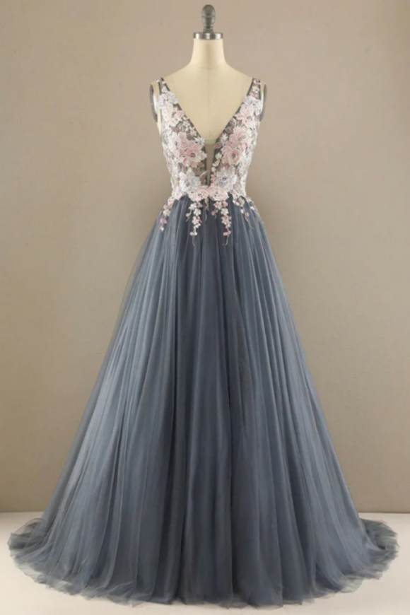 V Neck Ball Gown Tulle Prom Dress Floral Lace Party Dress APP0699