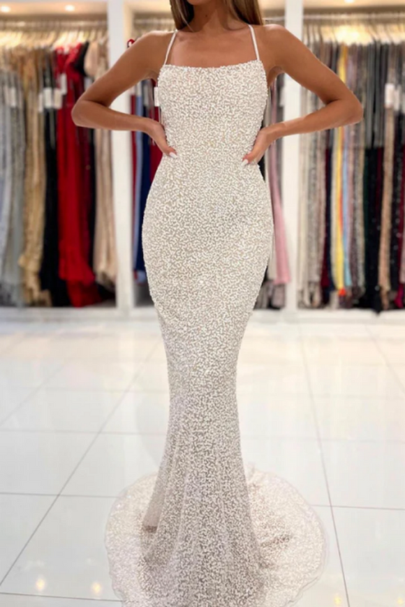 Spaghetti Straps Pearl White Prom Dresses Sparkly Sheath Formal