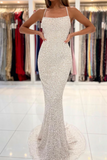 Spaghetti Straps Pearl White Prom Dresses Sparkly Sheath Formal Dress APP0701