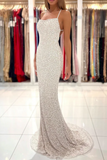 Spaghetti Straps Pearl White Prom Dresses Sparkly Sheath Formal Dress APP0701