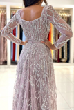 Dusty Rose 2 in 1 Square Neck A Line Prom Gown Sequins Prom Dress with Long Sleeves APP0702