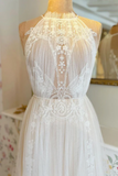 A Line Delicated Lace Tulle Wedding Dresses See Through Halter Neck Bridal Dress APW0413