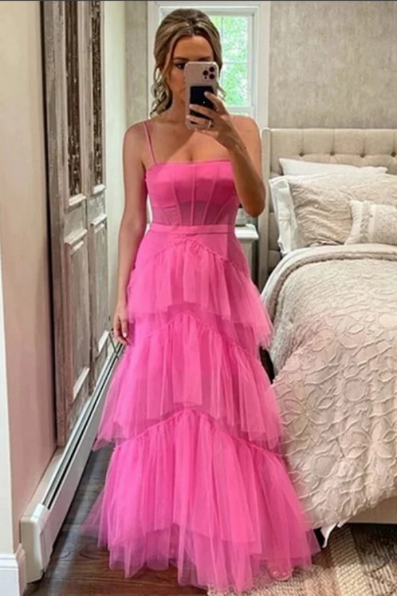 Hot Pink Tiered Tulle A Line Floor Length Prom Dresses, Evening Dresses APP0703