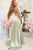 Simple Backless Sage Long Prom Dress with High Slit, Green Formal Graduation Evening Dress APP0707