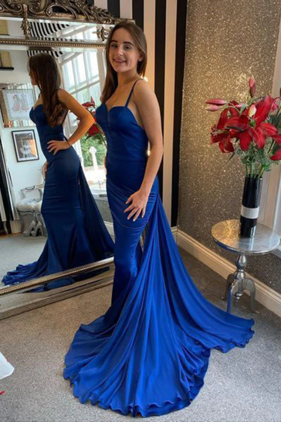 Mermaid Open Back Blue Long Prom Dress with Train, Mermaid Blue Formal Dress APP0709