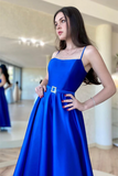 Backless Royal Blue Satin Long Prom Dress with High Slit, Blue Formal Dress APP0710