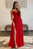Beautiful Tulle A Line Sweetheart Lace Appliques Prom Dresses With Slit APP0711