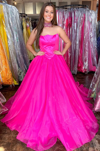 Hot Pink Strapless A Line Round Neck Tulle Prom Dress Formal Dress APP0712