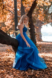 Blue one shoulder tulle lace long prom dress, blue tulle formal dress APP0713