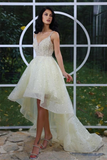Shiny V Neck High Low Yellow Tulle Long Prom Dress, Graduation Evening Dress APP0714