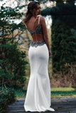 Long Spaghetti Straps Mermaid White Wedding Dress With Beading APW0415