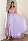Lilac Tulle A line Long Prom Dresses With Beading, Long Formal Dresses APP0715