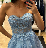 Sweetheart Neck Light Blue Lace Prom Dresses Long, Formal Evening Dresses APP0717