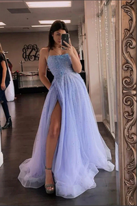 Tulle A Line Spaghetti Straps Beaded Prom Dresses With Slit, Evening Gown APP0718