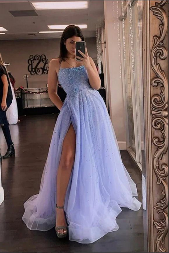 Tulle A Line Spaghetti Straps Beaded Prom Dresses With Slit, Evening Gown APP0718