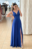 A Line V Neck Royal Blue Satin Long Prom Dress with High Slit APP0719