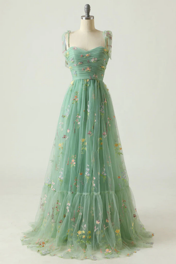 A Line Sweetheart Green Embroidery Long Prom Formal Dress APP0721