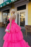 Princess A Line High Low Strapless Pink Tulle Long Prom Dres APP0723