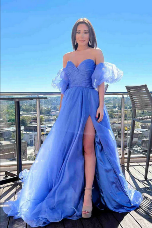 Blue Tulle A Line Princess Puff Sleeves Pleated Prom Dresses, Evening Gown APP0724