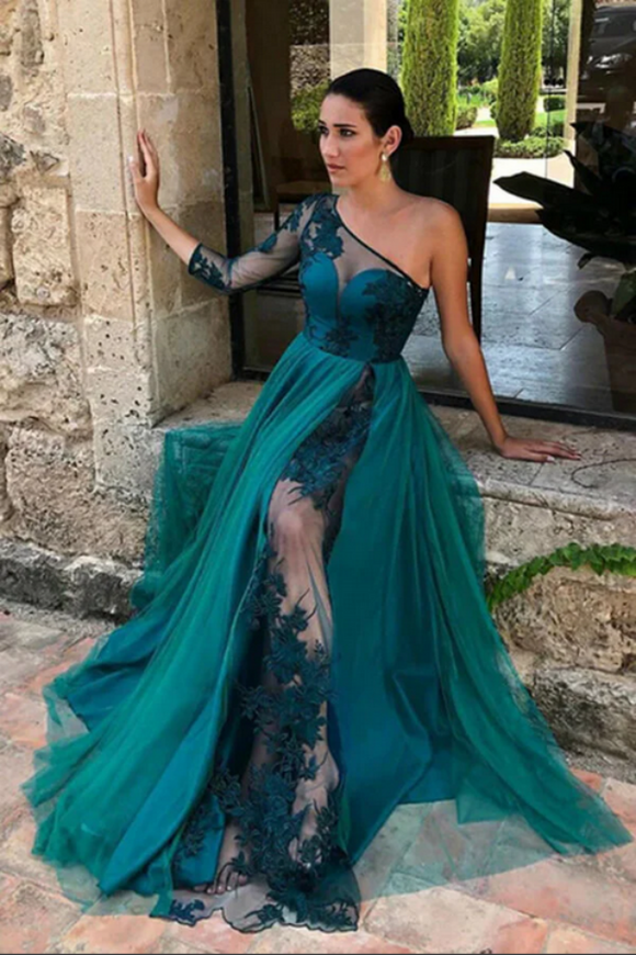 Teal Green Tulle One Shoulder Floor Length Prom Dresses, Evening Gown APP0725