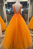 Gorgeous Orange V Neck Floral Tulle Long Prom Evening Dress APP0728
