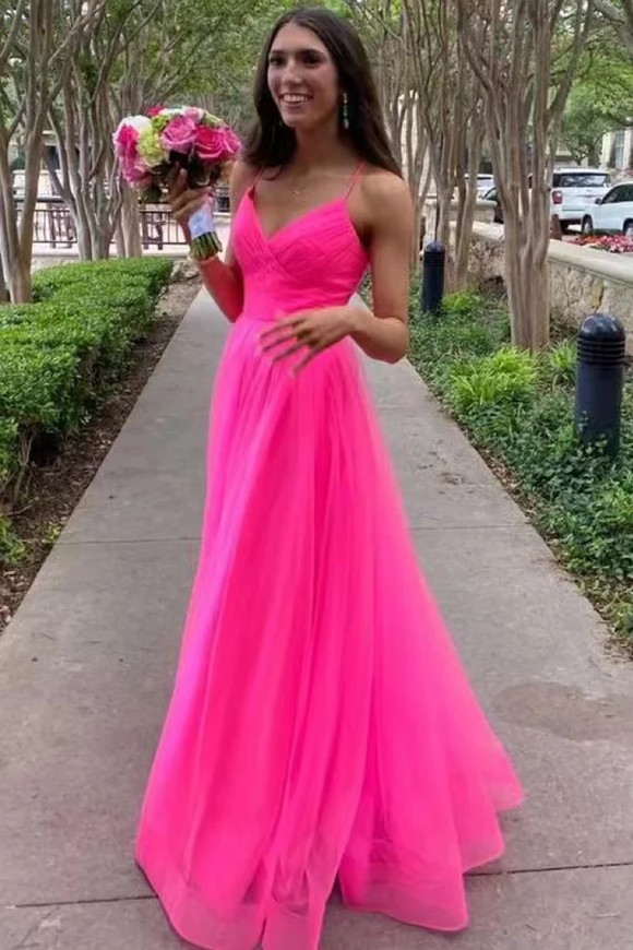 Hot Pink Tulle A Line V Neck Long Prom Dress, Gorgeous Formal Gown APP0731