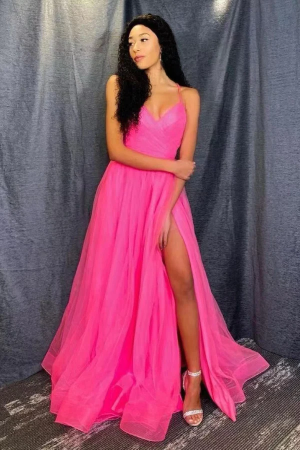 Formal Long Dress Pink Prom Dresses 2019 Simple Hot Pink Tulle A Line V Neck Long Formal Long Dress Pink Prom Dresses 2019 Simple Hot Pink Tulle A Line V Neck Long