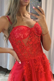 Sweetheart A Line Red Lace Sparkly Tulle Prom Dresses Formal Dresses APP0732