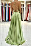 Green Satin Simple A Line Backless Long Prom Dresses With Leg Slit APP0734