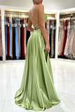 Green Satin Simple A Line Backless Long Prom Dresses With Leg Slit APP0734
