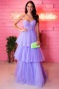 Lavender Tulle Sweetheart Neck Prom Dress with Layered Skirt APP0735