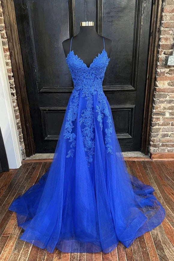 A Line V Neck Straps Tulle Royal Blue Prom Dress With Appliques APP0739