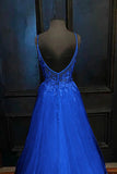A Line V Neck Straps Tulle Royal Blue Prom Dress With Appliques APP0739