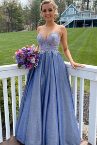 Blue Sweetheart Neck Lace Long Prom Dress Lace Blue Bridesmaid Dress APP0743