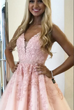 Pink A Line V Neck Above Knee Length Beaded Homecoming Dress with Appliques APP0744