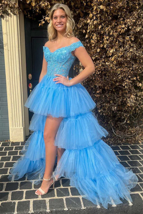 Blue Tulle Lace Off The Shoulder High Low Tiered Prom Dress APP0745