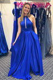 Halter Neck Beaded Royal Blue Satin Long Prom Dress, Royal Blue Formal Graduation Evening Dress APP0746