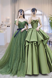 Shiny Tulle Off Shoulder Green Long Prom Dress, Off the Shoulder Formal Dress, Green Evening Dress APP0749
