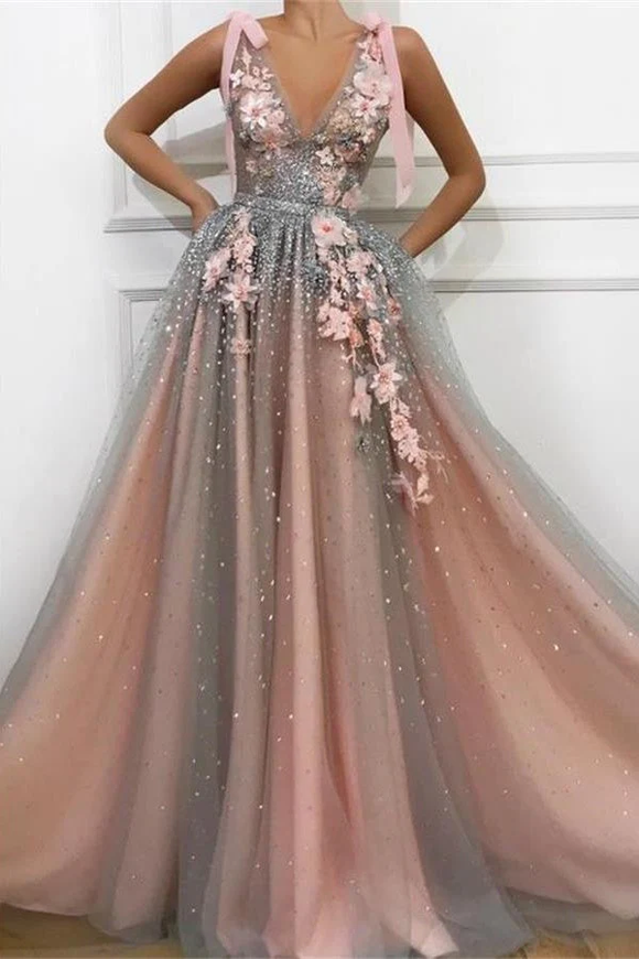 girly prom dresses Long Prom Ball Gown with Flowers CM347 Azalea Pink / 2