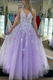 Purple Tulle A Line V Neck Open Back Prom Dresses with Lace Appliques APP0751